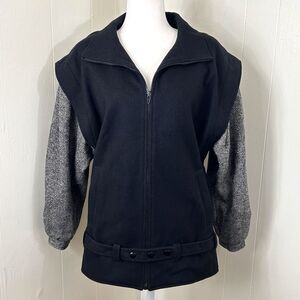 Vintage Women's Wool Jacket Size L Oversized Black and Grey Sleeves with Belt